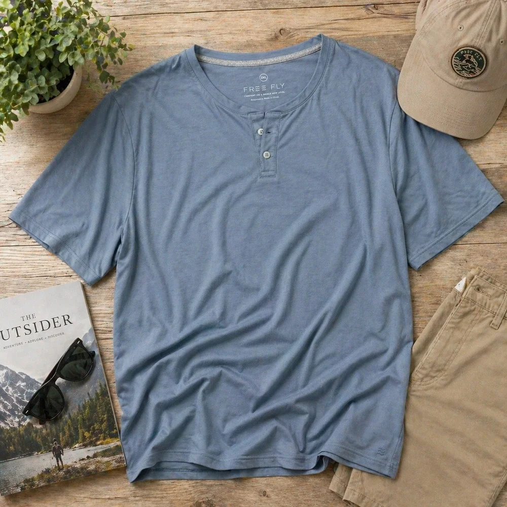 Free Fly Henley Shirt Men's 2XL XXL Bamboo Blend Short Sleeve Outdoor Blue